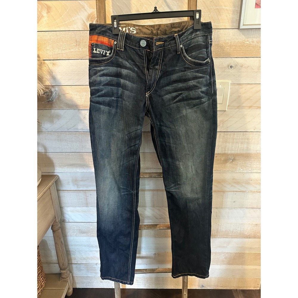 Levis Jeans Mens 34x34 Dark Wash Plaid Accent Straight Leg Cotton Denim CD:RAWK